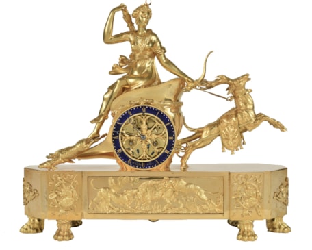 Important Empire Chariot Mantel Clock, depicting "Diana the huntress"